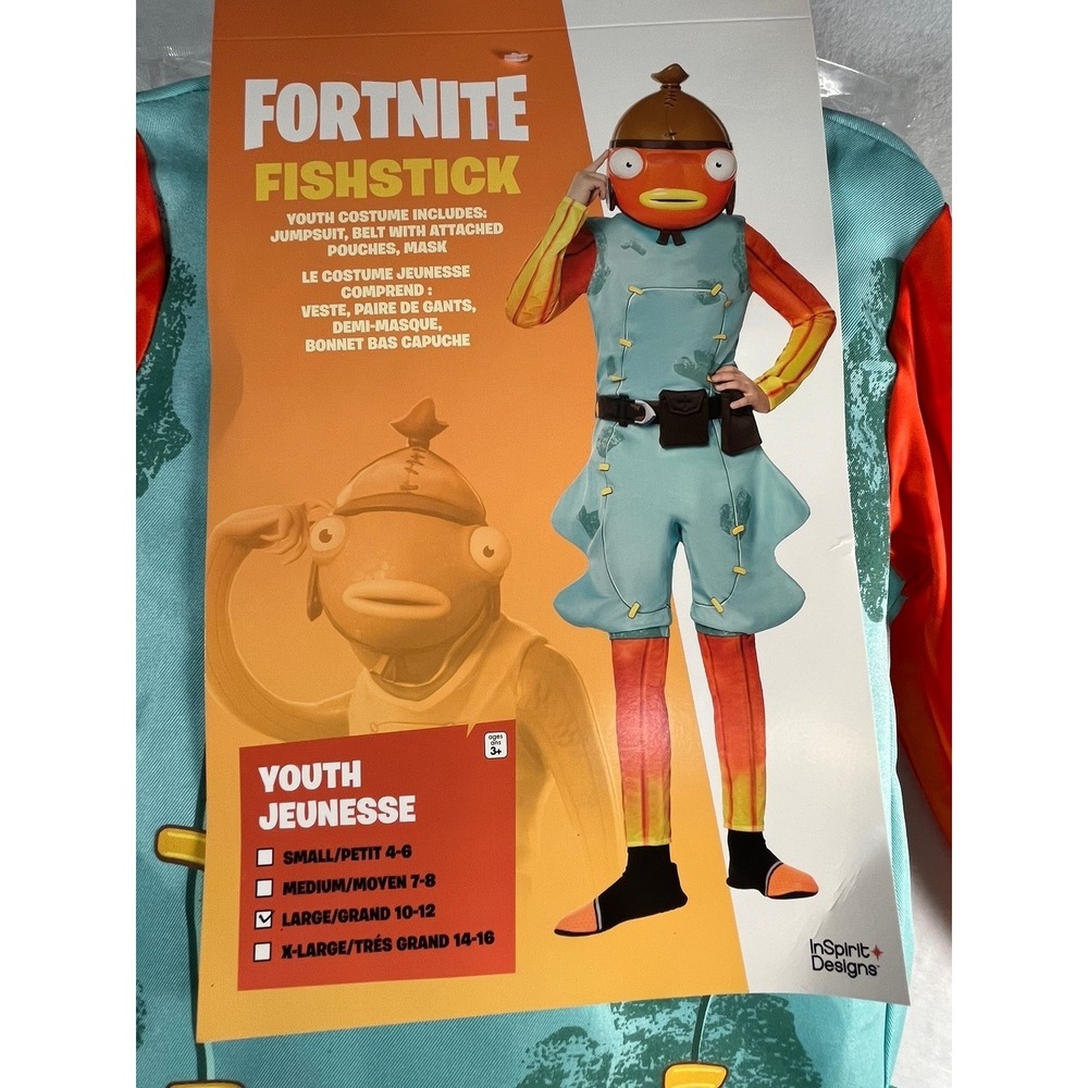 Fortnite Fishstick Youth Costume InSpirit Designs Large 10-12 Jumpsuit Mask Belt